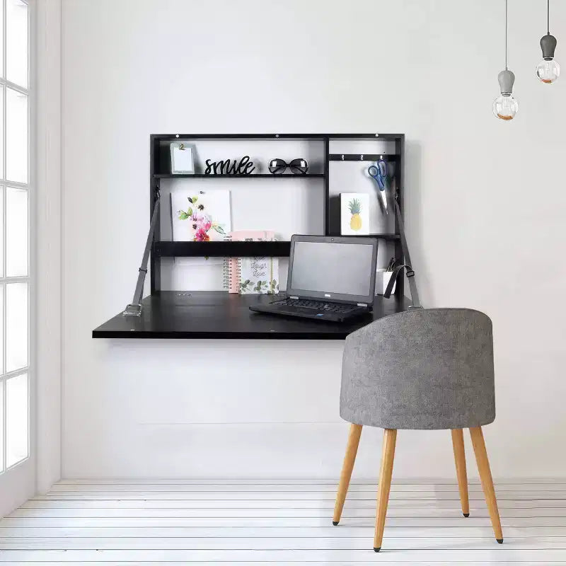 Scrivania a Scomparsa Murphy Nera 36" x 24": Montaggio a Parete Moderno, Costruzione in MDF, Ripiano con Vano a Giorno
