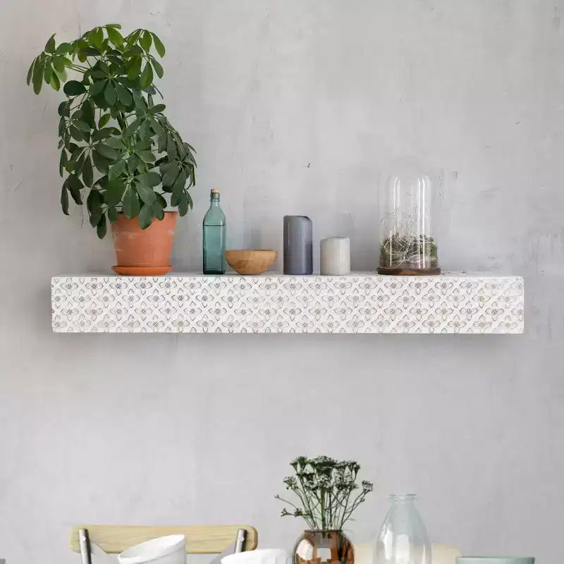 Piccola Mensola da Parete Decorativa Fluttuante in Legno Goffrato Bianca: Stile Moderno, Nessun Montaggio, Materiale MDF e Legno