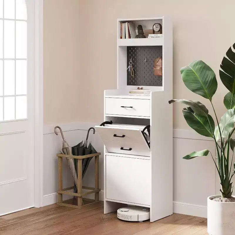 Mobile scarpiera 5 in 1 con cassetto ribaltabile, scarpiera da ingresso con pannello forato, ripiano regolabile, mobile da ingresso in legno