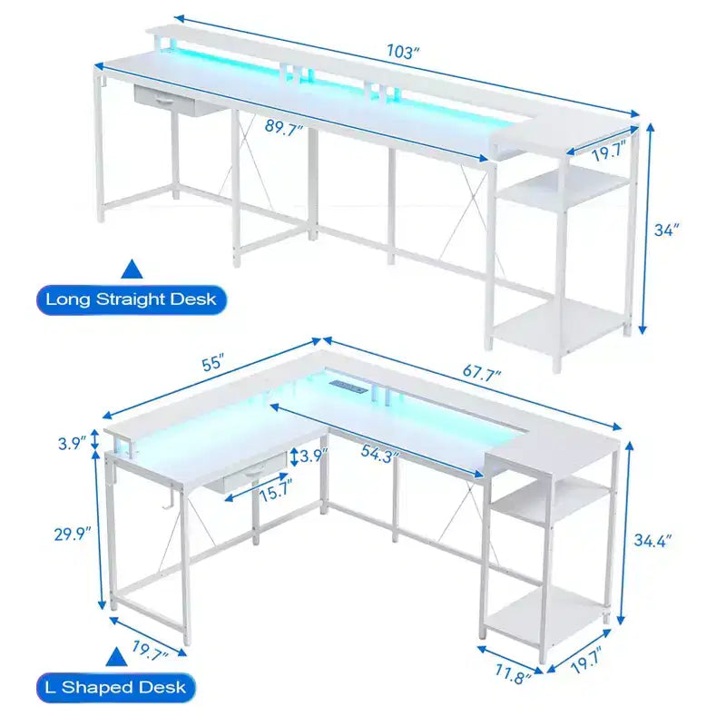 Scrivania da gioco a forma di L da 68", scrivania per computer con prese di corrente e luci a LED, scrivania per ufficio domestico con cassetto portadocumenti, scrivania angolare con ripiano per monitor e gancio