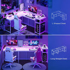 Scrivania da gioco a forma di L da 68", scrivania per computer con prese di corrente e luci a LED, scrivania per ufficio domestico con cassetto portadocumenti, scrivania angolare con ripiano per monitor e gancio