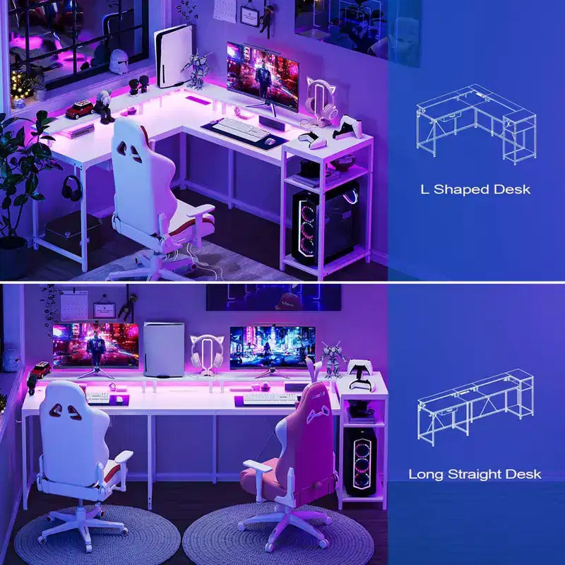 Scrivania da gioco a forma di L da 68", scrivania per computer con prese di corrente e luci a LED, scrivania per ufficio domestico con cassetto portadocumenti, scrivania angolare con ripiano per monitor e gancio