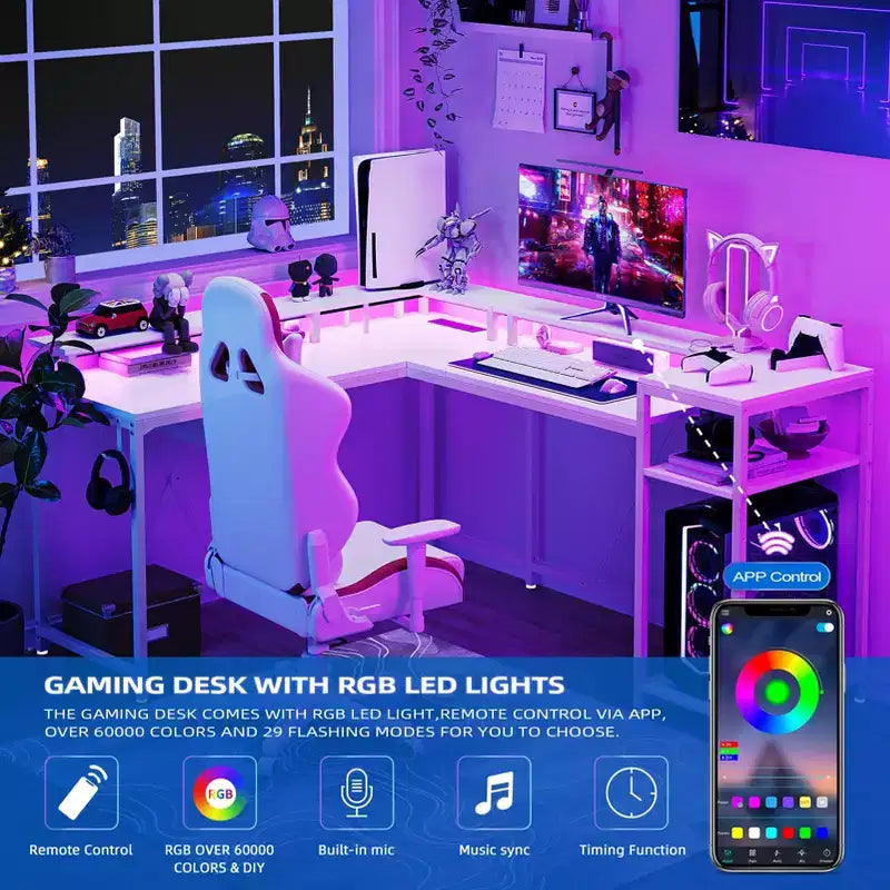 Scrivania da gioco a forma di L da 68", scrivania per computer con prese di corrente e luci a LED, scrivania per ufficio domestico con cassetto portadocumenti, scrivania angolare con ripiano per monitor e gancio