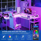 Scrivania da gioco a forma di L da 68", scrivania per computer con prese di corrente e luci a LED, scrivania per ufficio domestico con cassetto portadocumenti, scrivania angolare con ripiano per monitor e gancio