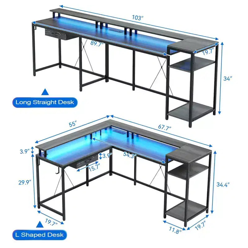 Scrivania da gioco a forma di L da 68", scrivania per computer con prese di corrente e luci a LED, scrivania per ufficio domestico con cassetto portadocumenti, scrivania angolare con ripiano per monitor e gancio