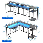 Scrivania da gioco a forma di L da 68", scrivania per computer con prese di corrente e luci a LED, scrivania per ufficio domestico con cassetto portadocumenti, scrivania angolare con ripiano per monitor e gancio