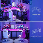 Scrivania da gioco a forma di L da 68", scrivania per computer con prese di corrente e luci a LED, scrivania per ufficio domestico con cassetto portadocumenti, scrivania angolare con ripiano per monitor e gancio
