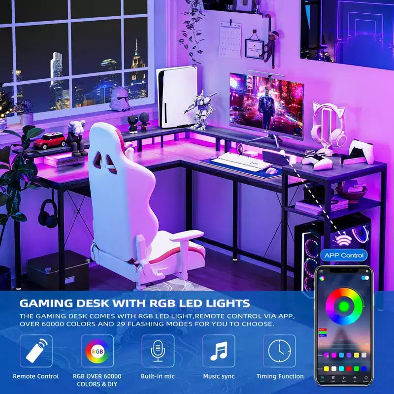 Scrivania da gioco a forma di L da 68", scrivania per computer con prese di corrente e luci a LED, scrivania per ufficio domestico con cassetto portadocumenti, scrivania angolare con ripiano per monitor e gancio