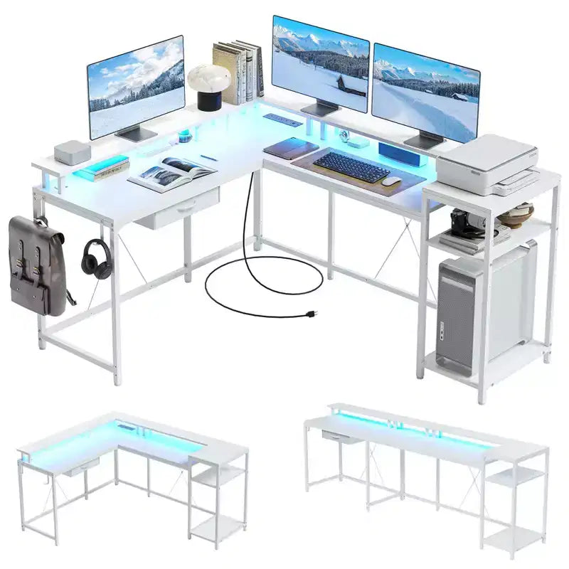 Scrivania da gioco a forma di L da 68", scrivania per computer con prese di corrente e luci a LED, scrivania per ufficio domestico con cassetto portadocumenti, scrivania angolare con ripiano per monitor e gancio