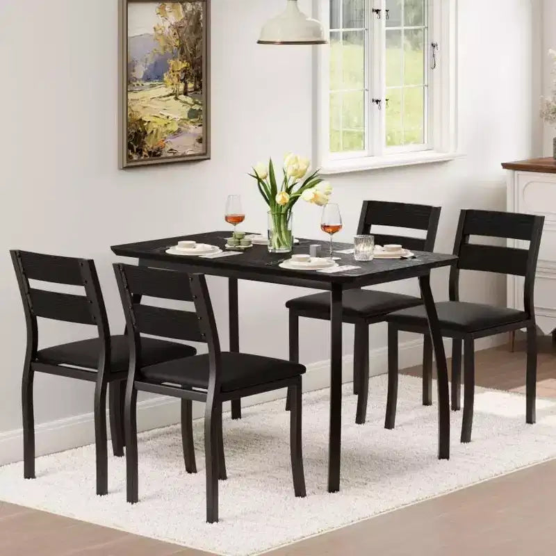 Dining Table Set for 4, Wood Kitchen Table with 4 Upholstered Chairs, Space-Saving Dining Set with Chamfer Design for Small Kitchen or Apartment