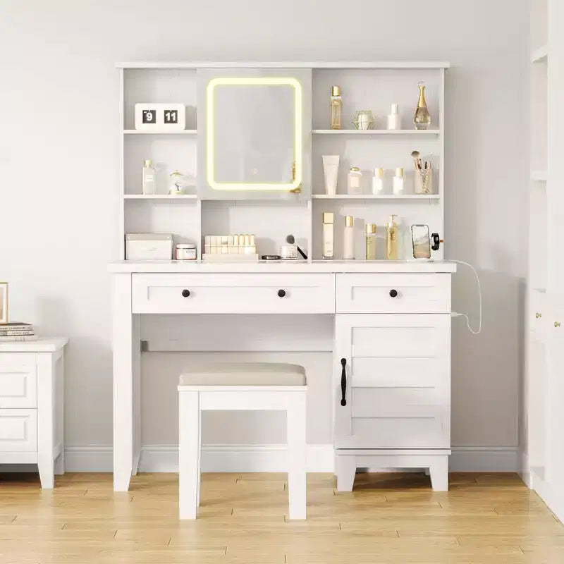 Toeletta da Trucco, Toeletta con Specchio e Luci e Presa di Corrente, Tavolo da Trucco con 2 Cassetti e Sgabello Imbottito, Tavolo da Toeletta