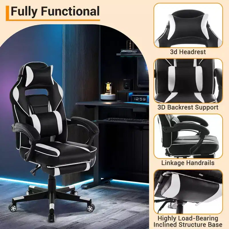Sedia da gaming girevole a 360°, regolabile in altezza, con poggiapiedi estraibile e supporto lombare ergonomico, in pelle PU, per computer e ufficio, con poggiatesta