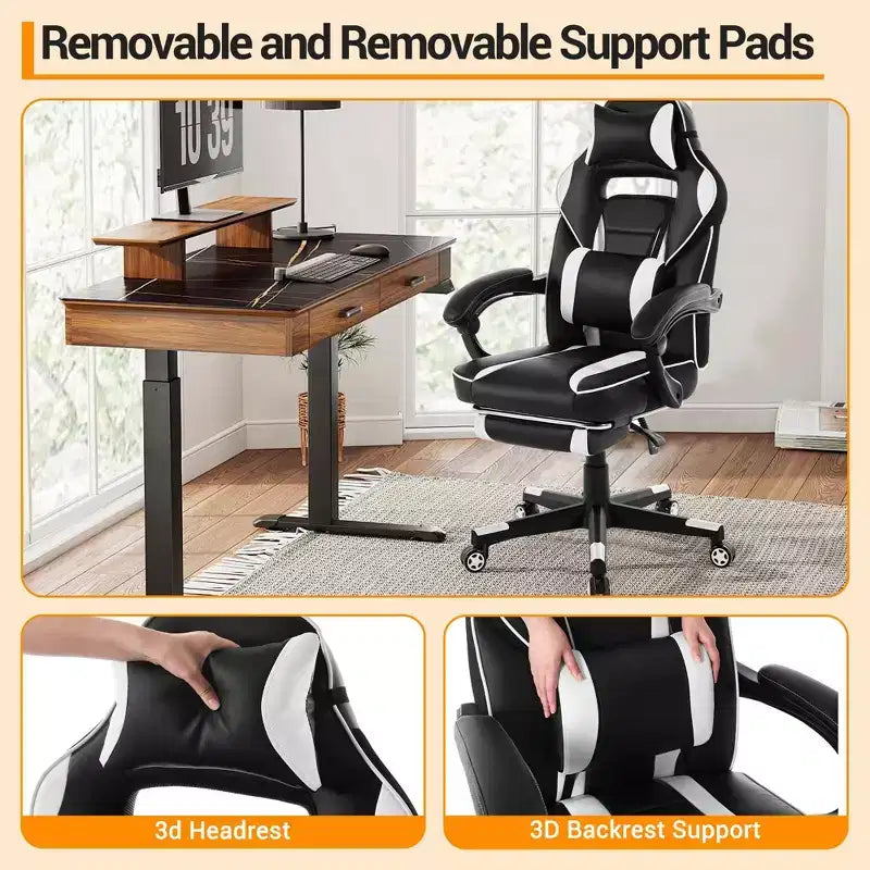 Sedia da gaming girevole a 360°, regolabile in altezza, con poggiapiedi estraibile e supporto lombare ergonomico, in pelle PU, per computer e ufficio, con poggiatesta