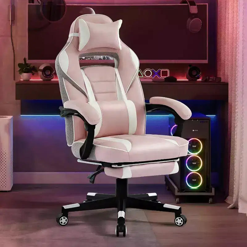 Sedia da gaming girevole a 360°, regolabile in altezza, con poggiapiedi estraibile e supporto lombare ergonomico, in pelle PU, per computer e ufficio, con poggiatesta