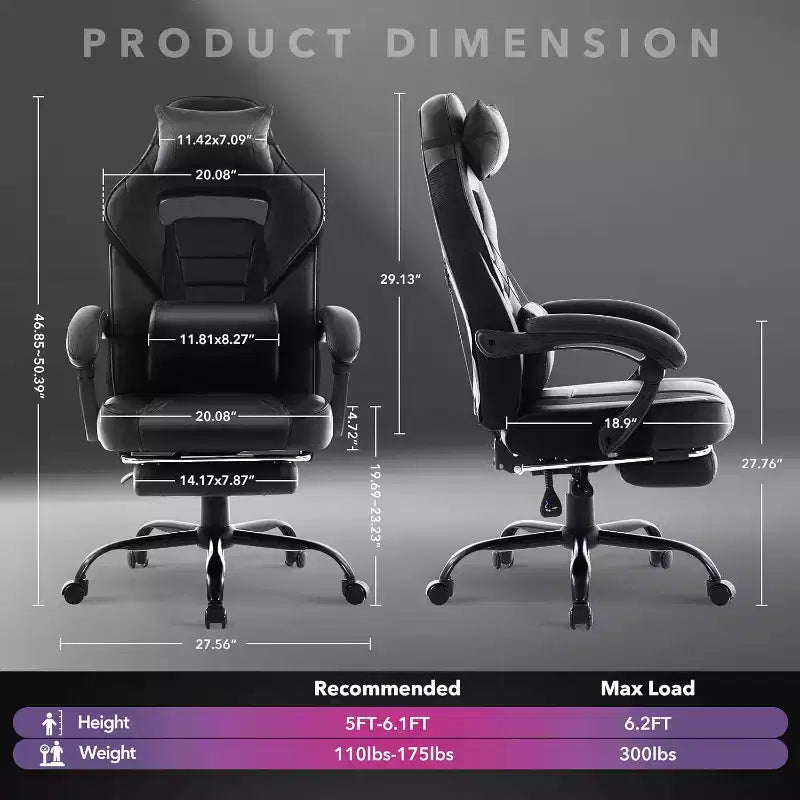 Sedia da gaming girevole a 360°, regolabile in altezza, con poggiapiedi estraibile e supporto lombare ergonomico, in pelle PU, per computer e ufficio, con poggiatesta