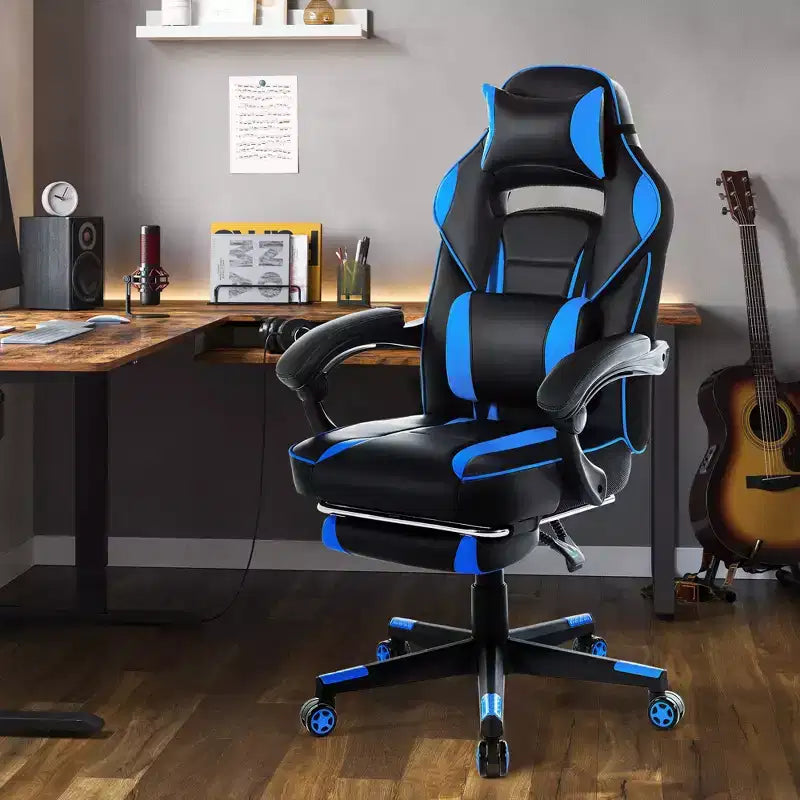 Sedia da gaming girevole a 360°, regolabile in altezza, con poggiapiedi estraibile e supporto lombare ergonomico, in pelle PU, per computer e ufficio, con poggiatesta