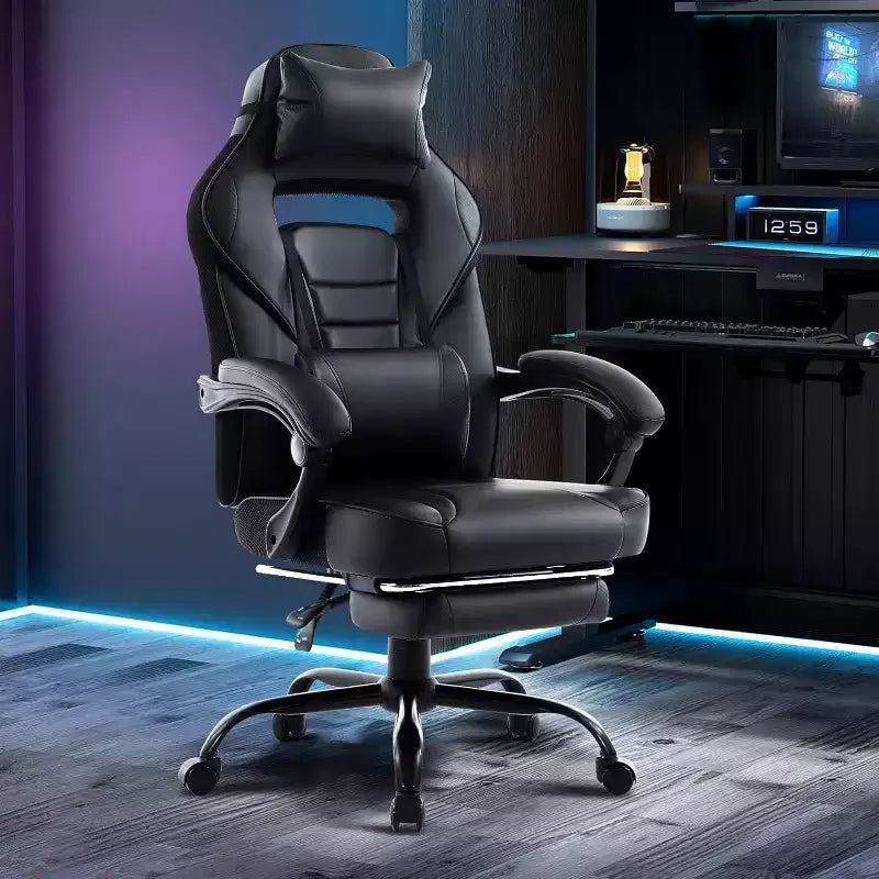 Sedia da gaming girevole a 360°, regolabile in altezza, con poggiapiedi estraibile e supporto lombare ergonomico, in pelle PU, per computer e ufficio, con poggiatesta