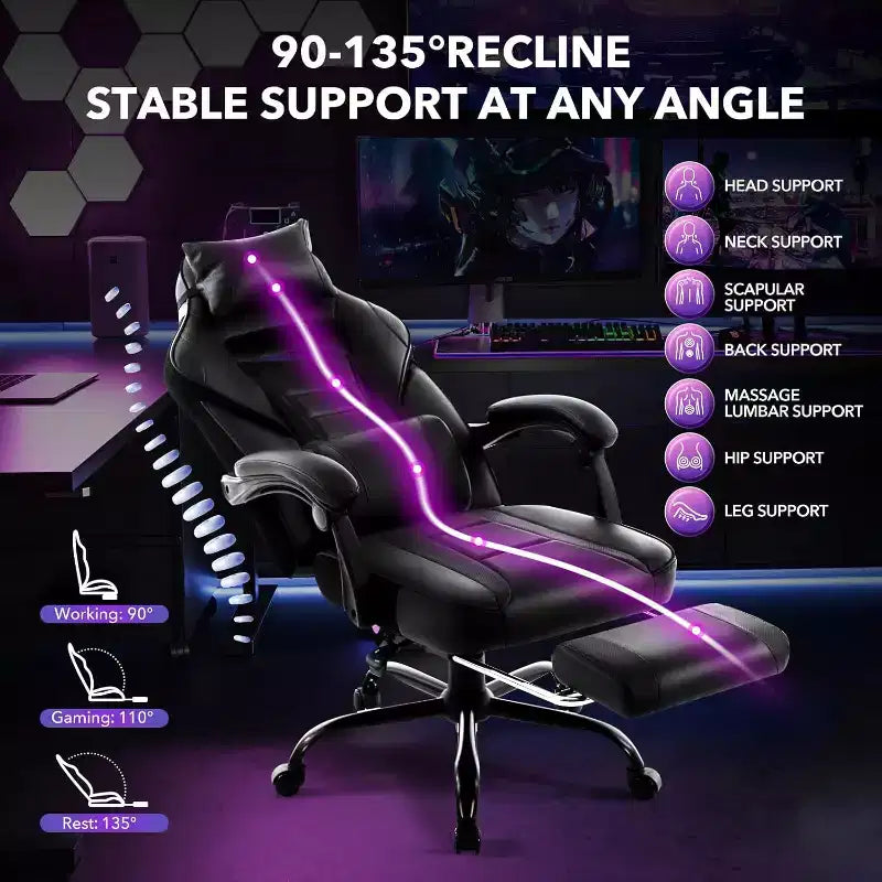 Sedia da gaming girevole a 360°, regolabile in altezza, con poggiapiedi estraibile e supporto lombare ergonomico, in pelle PU, per computer e ufficio, con poggiatesta