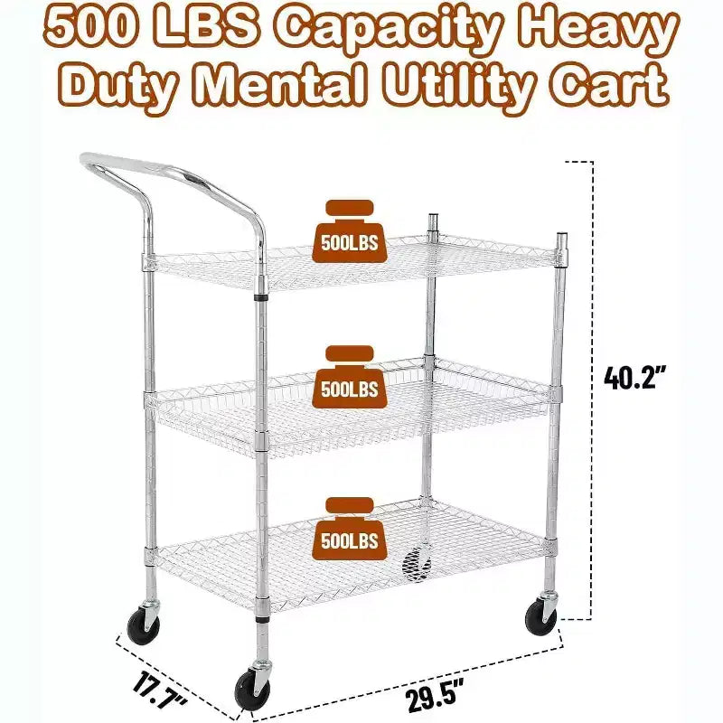 Carrello di servizio da cucina, carrello portaoggetti in metallo rimovibile con ruote e maniglia, carrello di servizio di livello commerciale, cucina, officina