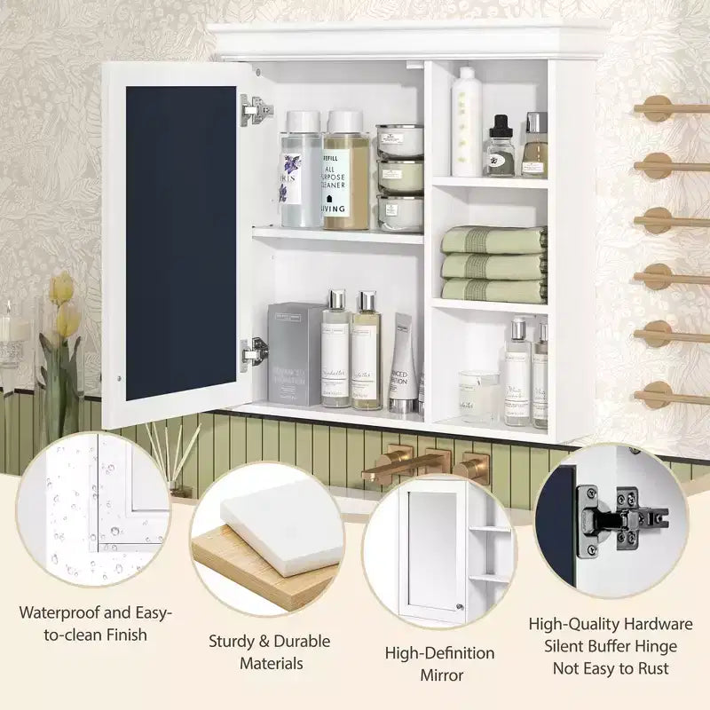 Mobile bagno moderno a parete con specchio e ripiani, armadietto dei medicinali con specchio per bagno