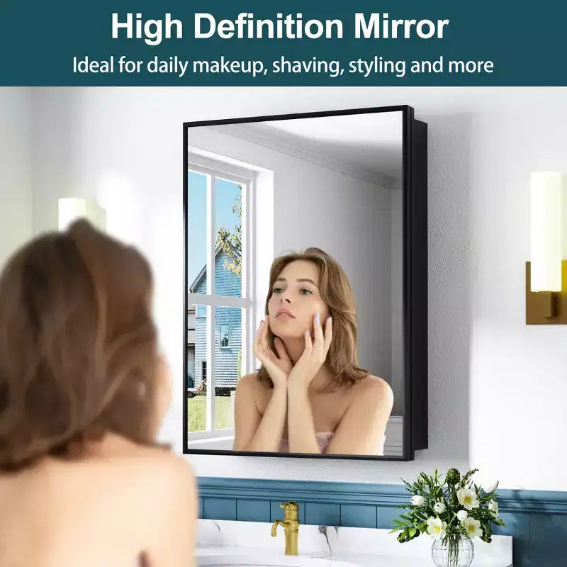 Armadietto a specchio per il bagno da incasso o da superficie, con ripiani regolabili in vetro temperato e anta reversibile