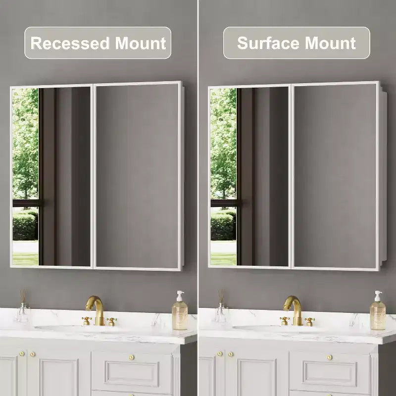 Armadietto a specchio per il bagno da incasso o da superficie, con ripiani regolabili in vetro temperato e anta reversibile