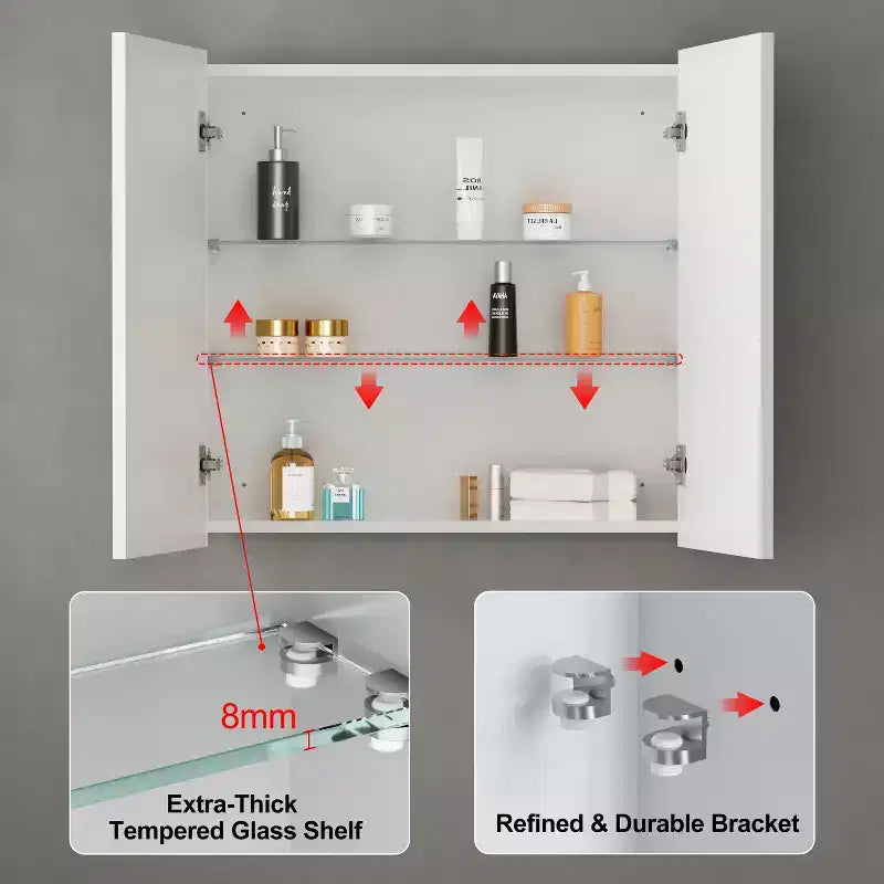 Armadietto a specchio per il bagno da incasso o da superficie, con ripiani regolabili in vetro temperato e anta reversibile