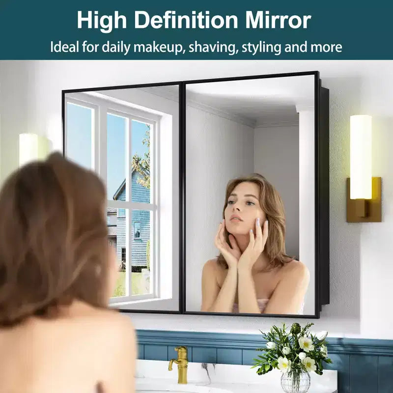 Armadietto a specchio per il bagno da incasso o da superficie, con ripiani regolabili in vetro temperato e anta reversibile
