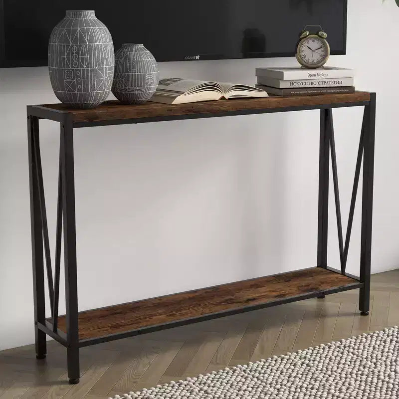 Consolle stretta da 43'' con design a V, tavolo da ingresso a 2 livelli con ripiano portaoggetti per soggiorno