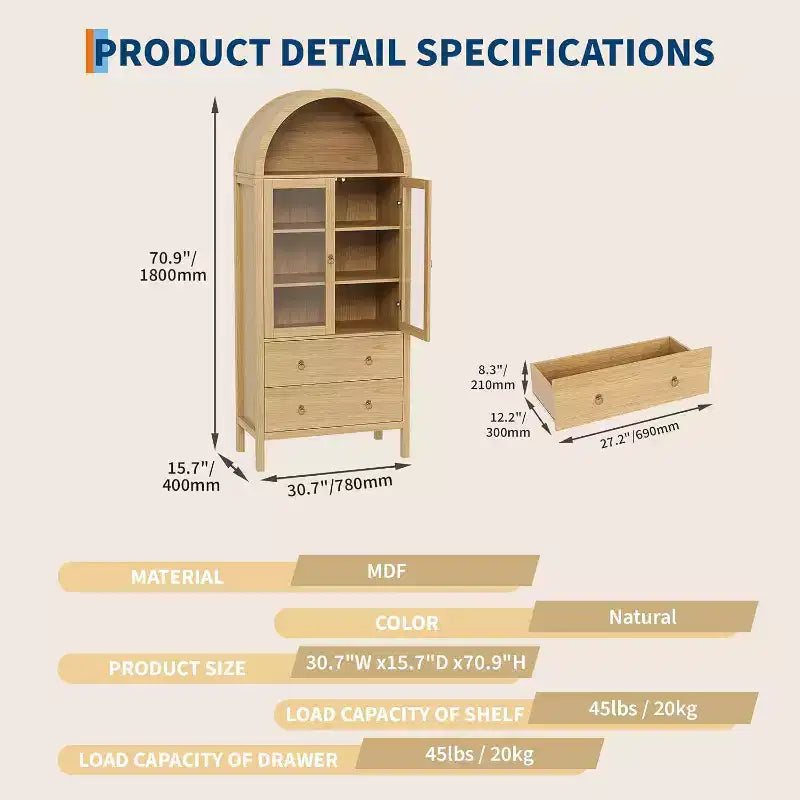 Credenza da 71 pollici ad arco, con ante in vetro temperato, 2 ampi cassetti, ripiani regolabili, per sala da pranzo e cucina - Naturale