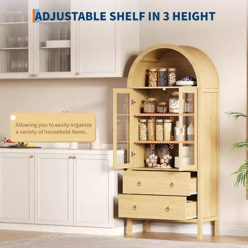 Credenza da 71 pollici ad arco, con ante in vetro temperato, 2 ampi cassetti, ripiani regolabili, per sala da pranzo e cucina - Naturale