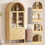 Credenza da 71 pollici ad arco, con ante in vetro temperato, 2 ampi cassetti, ripiani regolabili, per sala da pranzo e cucina - Naturale