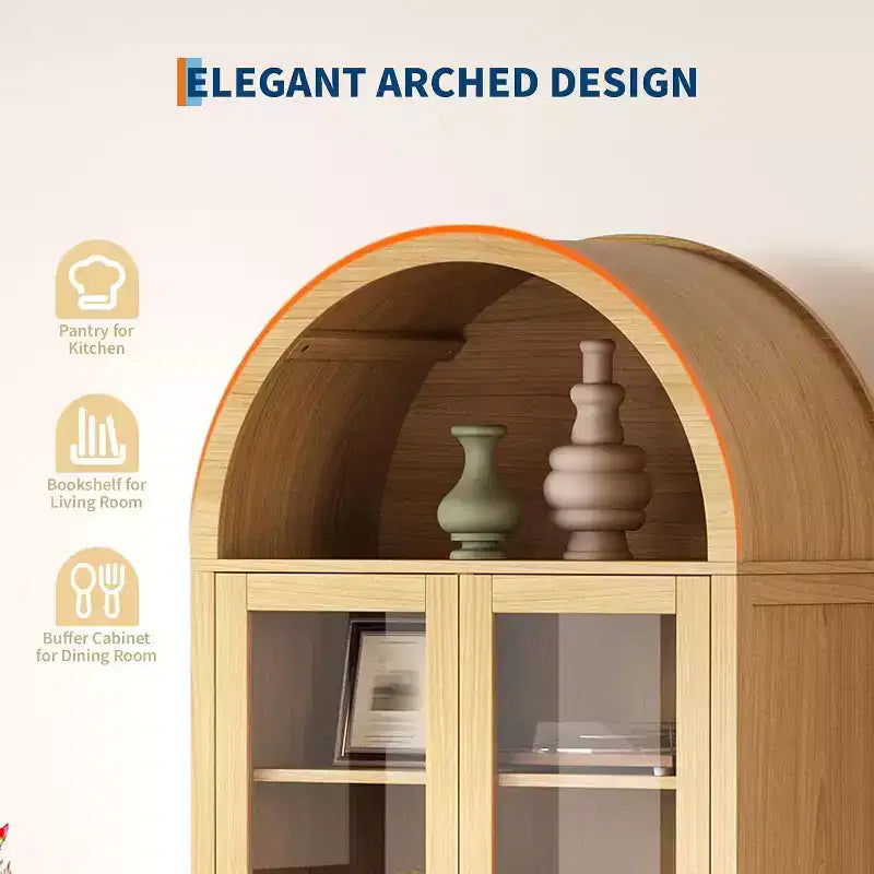 Credenza da 71 pollici ad arco, con ante in vetro temperato, 2 ampi cassetti, ripiani regolabili, per sala da pranzo e cucina - Naturale