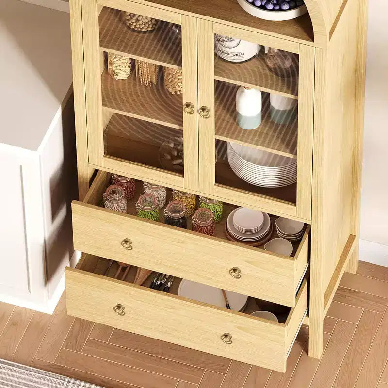 Credenza da 71 pollici ad arco, con ante in vetro temperato, 2 ampi cassetti, ripiani regolabili, per sala da pranzo e cucina - Naturale