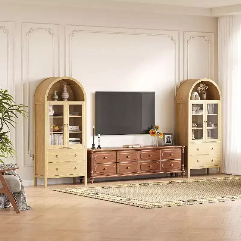 Credenza da 71 pollici ad arco, con ante in vetro temperato, 2 ampi cassetti, ripiani regolabili, per sala da pranzo e cucina - Naturale