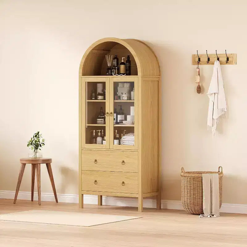 Credenza da 71 pollici ad arco, con ante in vetro temperato, 2 ampi cassetti, ripiani regolabili, per sala da pranzo e cucina - Naturale