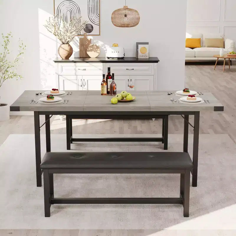 Tavolo da Pranzo Allungabile da 120-160 cm per 4-6 Persone, Tavolo Industriale in Legno con 2 Panche, Salvaspazio