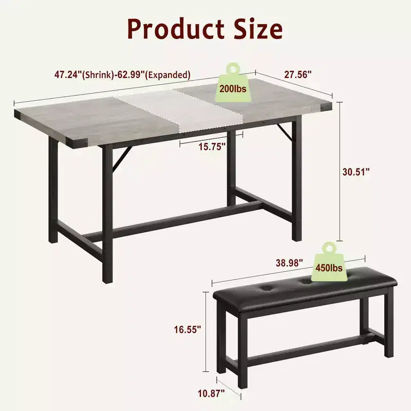 Tavolo da Pranzo Allungabile da 120-160 cm per 4-6 Persone, Tavolo Industriale in Legno con 2 Panche, Salvaspazio