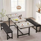 Tavolo da Pranzo Allungabile da 120-160 cm per 4-6 Persone, Tavolo Industriale in Legno con 2 Panche, Salvaspazio