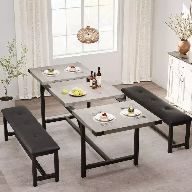 Tavolo da Pranzo Allungabile da 120-160 cm per 4-6 Persone, Tavolo Industriale in Legno con 2 Panche, Salvaspazio