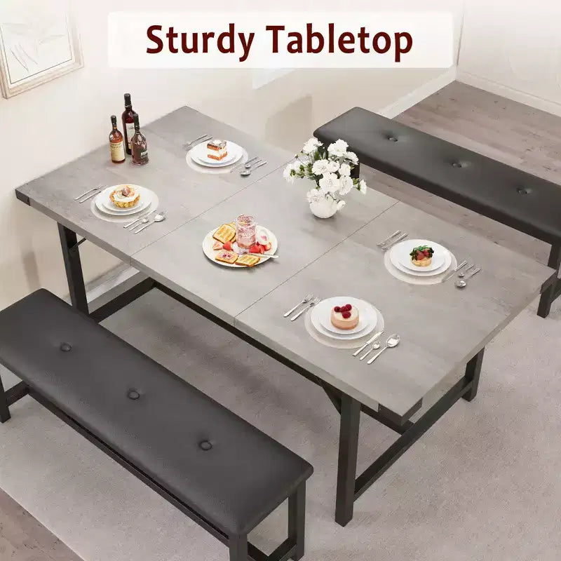 Tavolo da Pranzo Allungabile da 120-160 cm per 4-6 Persone, Tavolo Industriale in Legno con 2 Panche, Salvaspazio