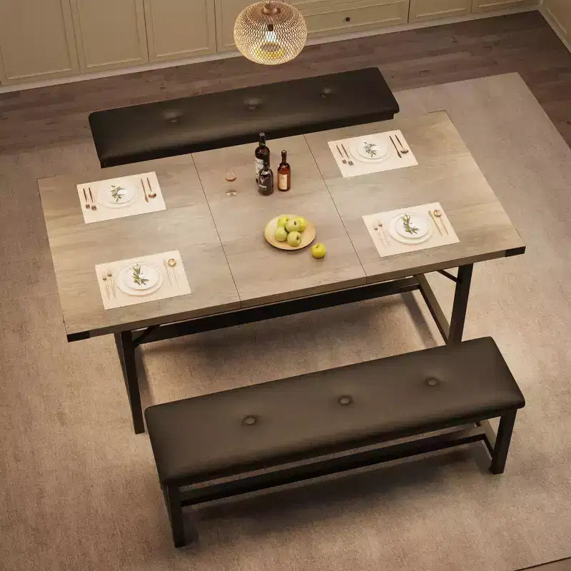 Tavolo da Pranzo Allungabile da 120-160 cm per 4-6 Persone, Tavolo Industriale in Legno con 2 Panche, Salvaspazio