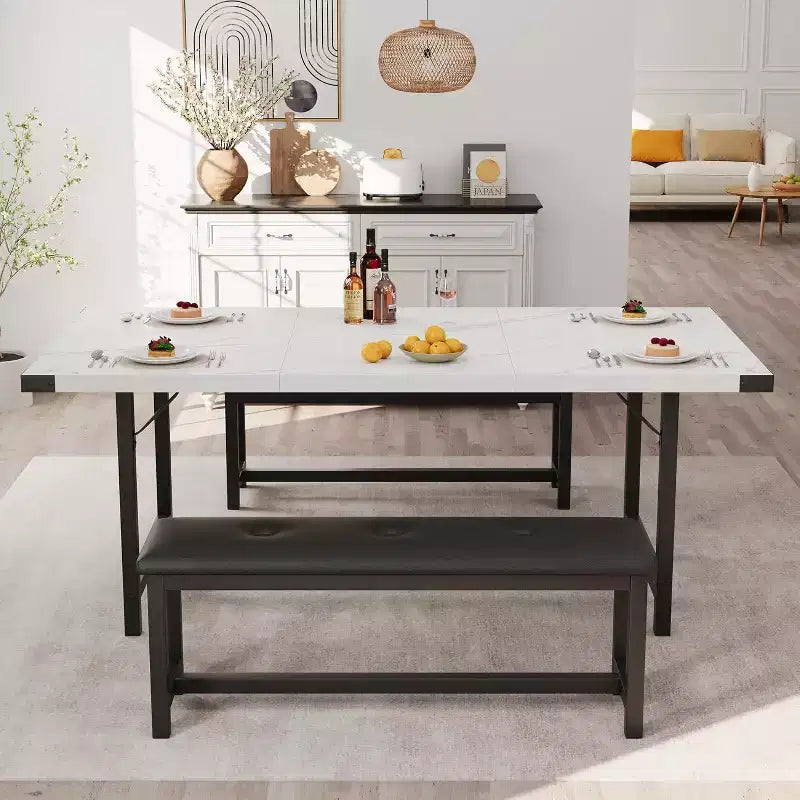 Tavolo da Pranzo Allungabile da 120-160 cm per 4-6 Persone, Tavolo Industriale in Legno con 2 Panche, Salvaspazio