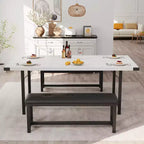 Tavolo da Pranzo Allungabile da 120-160 cm per 4-6 Persone, Tavolo Industriale in Legno con 2 Panche, Salvaspazio
