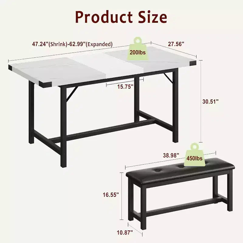 Tavolo da Pranzo Allungabile da 120-160 cm per 4-6 Persone, Tavolo Industriale in Legno con 2 Panche, Salvaspazio