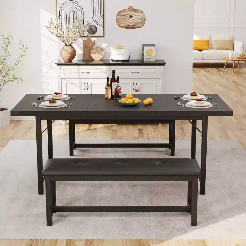 Tavolo da Pranzo Allungabile da 120-160 cm per 4-6 Persone, Tavolo Industriale in Legno con 2 Panche, Salvaspazio