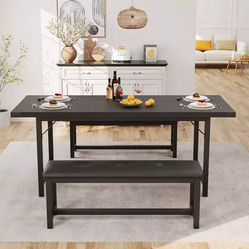 Tavolo da Pranzo Allungabile da 120-160 cm per 4-6 Persone, Tavolo Industriale in Legno con 2 Panche, Salvaspazio