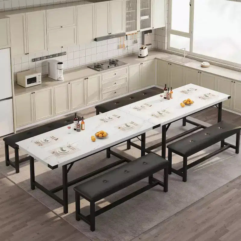 Tavolo da Pranzo Allungabile da 120-160 cm per 4-6 Persone, Tavolo Industriale in Legno con 2 Panche, Salvaspazio