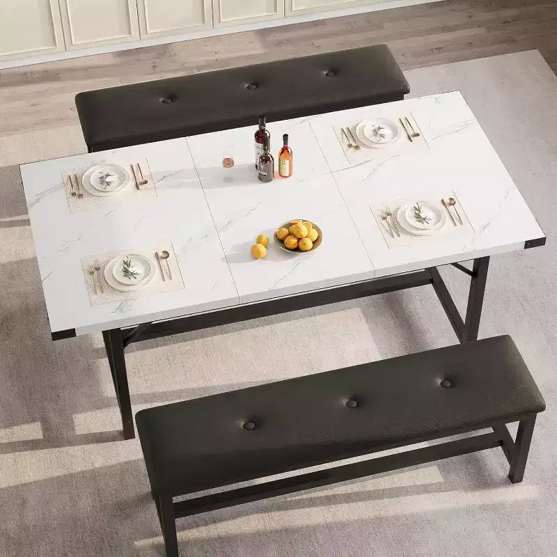 Tavolo da Pranzo Allungabile da 120-160 cm per 4-6 Persone, Tavolo Industriale in Legno con 2 Panche, Salvaspazio