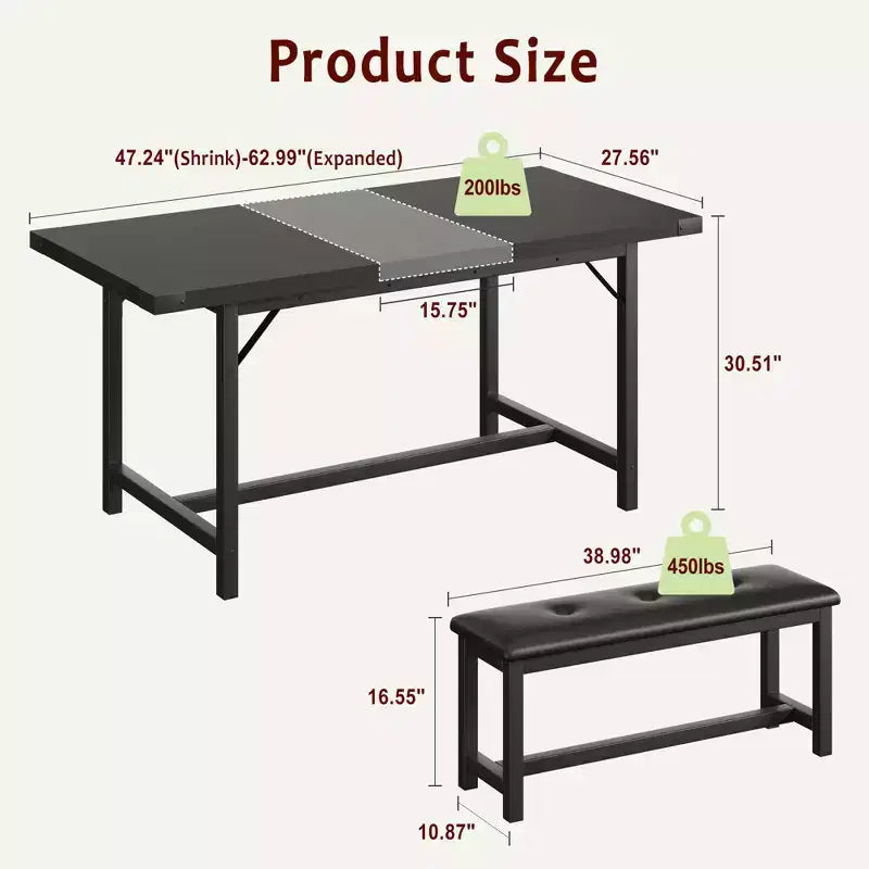 Tavolo da Pranzo Allungabile da 120-160 cm per 4-6 Persone, Tavolo Industriale in Legno con 2 Panche, Salvaspazio